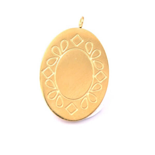 Oval pendant engraved golden steel 26x17mm - Hole: 1.8mm (1)