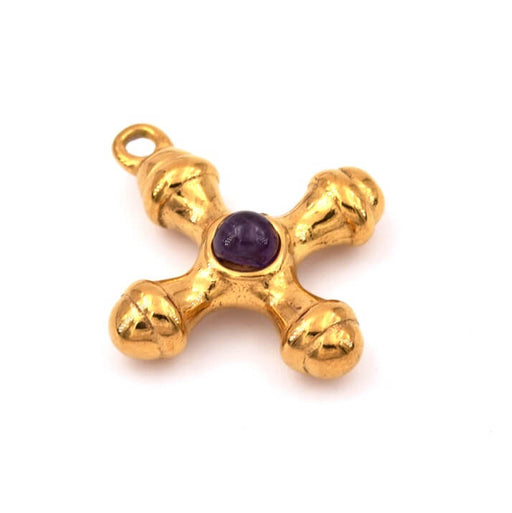 Cross pendant with amethyst - Golden stainless steel 24mm (1)