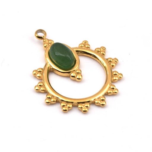 Buy Round pendant beaded golden steel oval cabochon green jade 22x18mm (1)