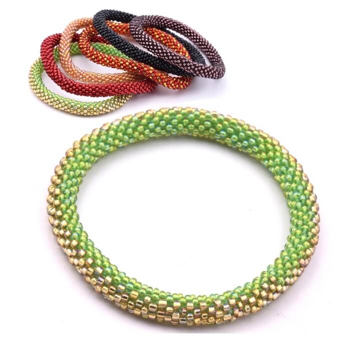 Green and gold Nepalese crocheted bangle bracelet 65mm (1)