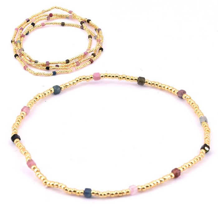 Bracelet rocaille Miyuki dorée 2mm et tourmaline sur élastique (1)