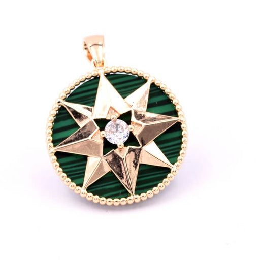 Round brass pendant 20mm synthetic malachite with star and zircon (1)