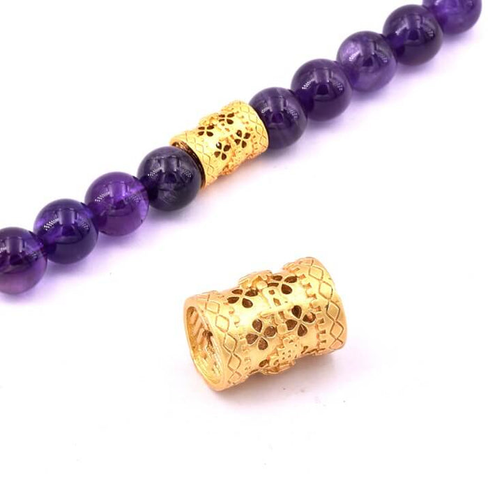 Cylinder bead ethnic openwork - matte golden brass 14x9mm - Hole: 2mm (1)