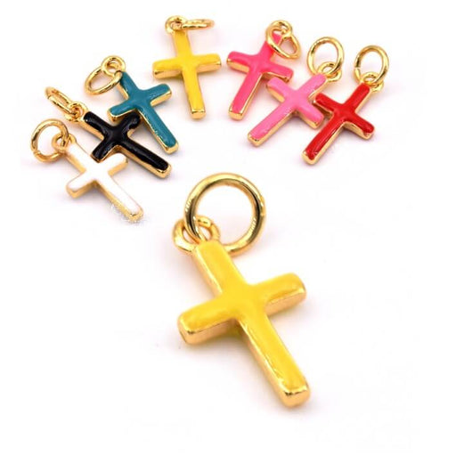 Cross charm pendant Golden-plated brass yellow enamel - 15x8mm (1)