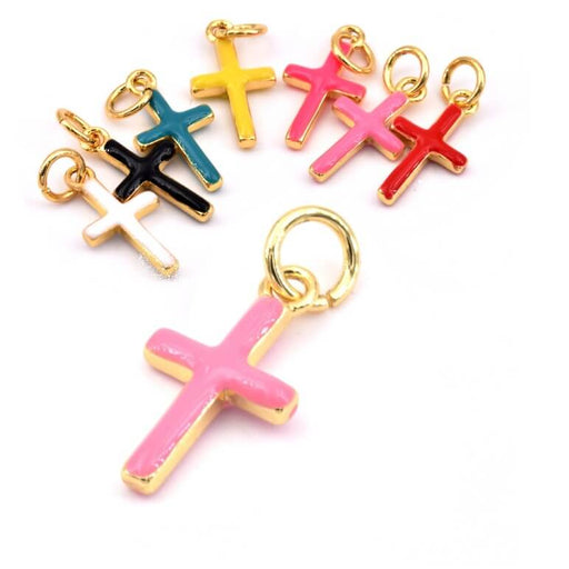 Buy Cross charm pendant Golden-plated brass pink enamel - 15x8mm (1)