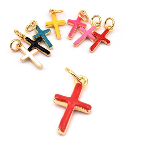 Pendentif charm croix laiton doré qualité émail rouge - 15x8mm (1)