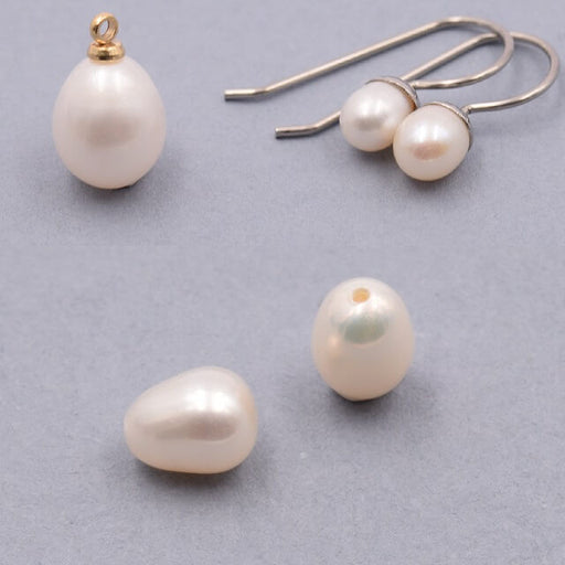 Buy Freshwater oval pearls Semi-drilled white 9x6mm - Hole: 0.8mm (2)