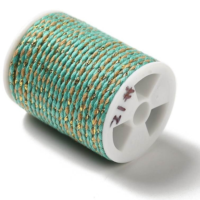 Braided cotton cord with green and beige gold thread - 2mm (4m spool)