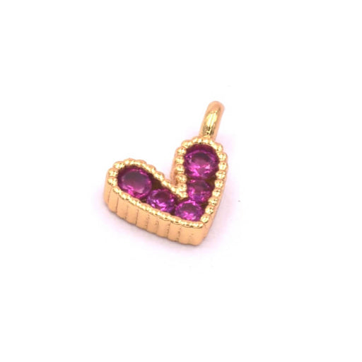 Tiny Heart pendant golden plated brass - pink fushia zircon 7.5x6x2mm - Hole: 1.5mm (1)