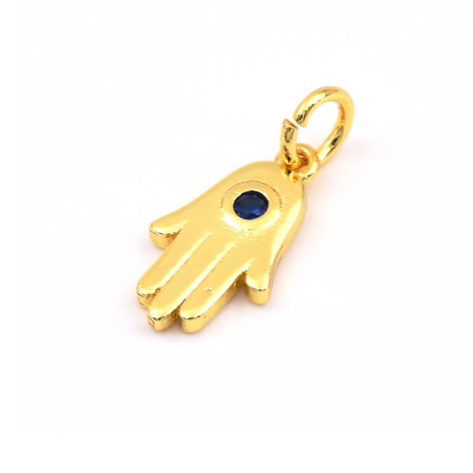 Hand of Fatma pendant in golden brass and blue zircon 14mm (1)