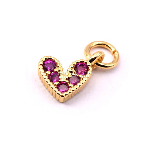 Heart pendant and fuchsia zircon Golden brass 7mm and ring -Hole: 1.5mm (1)