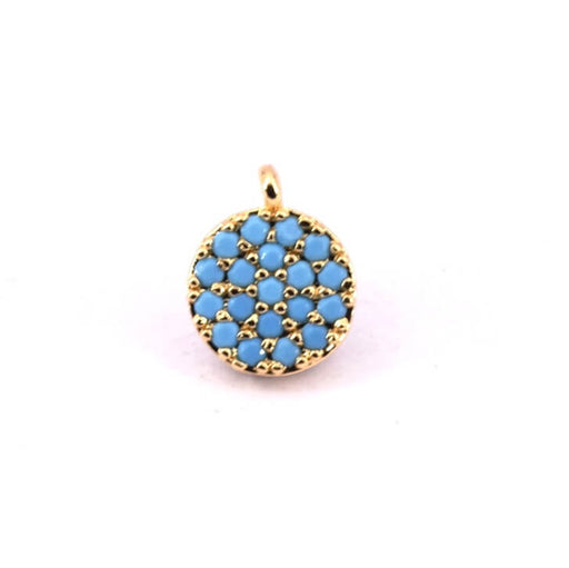 Round pendant in fine golden brass paved with turquoise zircon 7mm (1)