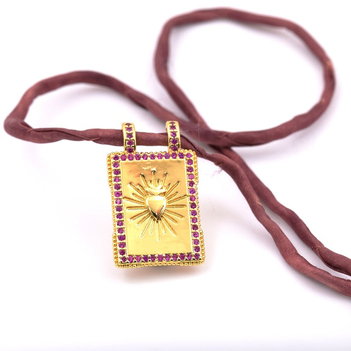 Golden scapular rectangle pendant with fuschia pink zircon 22x17mm