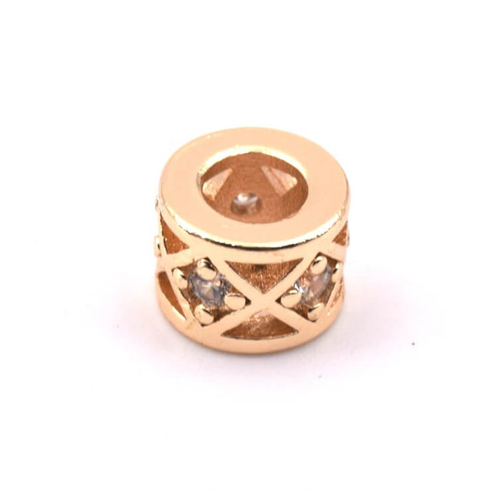 Hollowed tube bead in gold brass and zircon 6x8mm - Hole: 4mm (1)